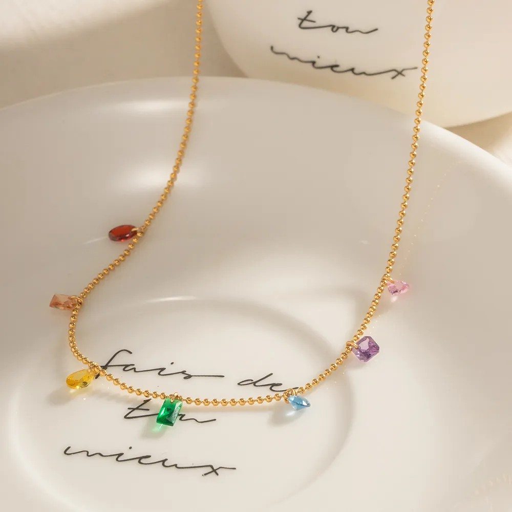 Casual Round Water Droplets Rectangle Stainless Steel Tassel Plating Zircon 18K Gold Plated Necklace_colorza_2