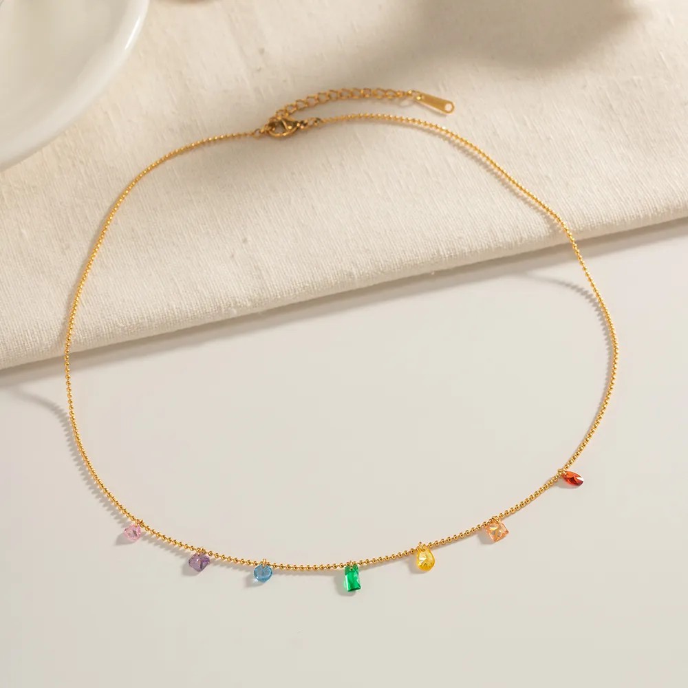 Casual Round Water Droplets Rectangle Stainless Steel Tassel Plating Zircon 18K Gold Plated Necklace_colorza_3