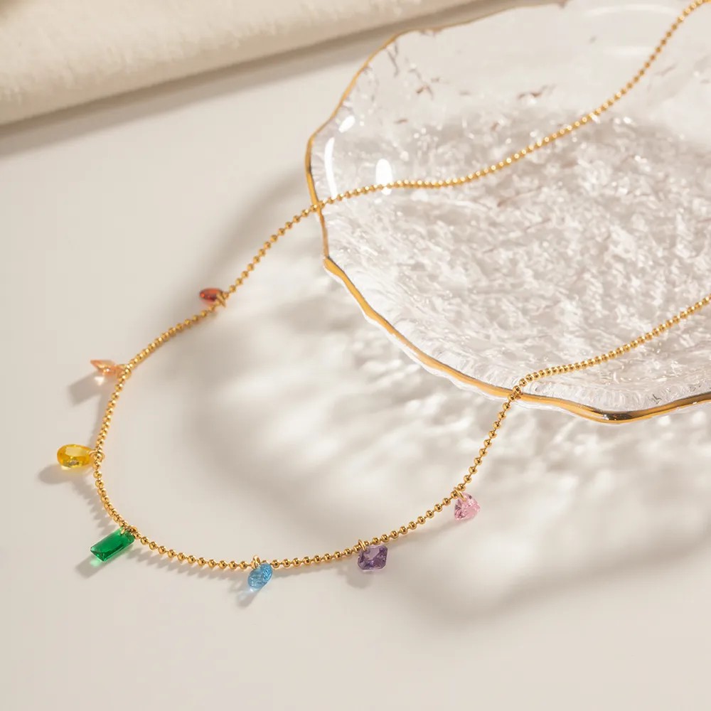 Casual Round Water Droplets Rectangle Stainless Steel Tassel Plating Zircon 18K Gold Plated Necklace_colorza_4