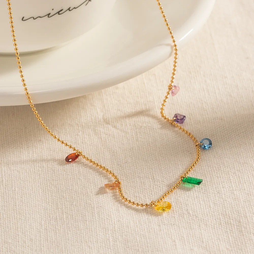 Casual Round Water Droplets Rectangle Stainless Steel Tassel Plating Zircon 18K Gold Plated Necklace_colorza_6