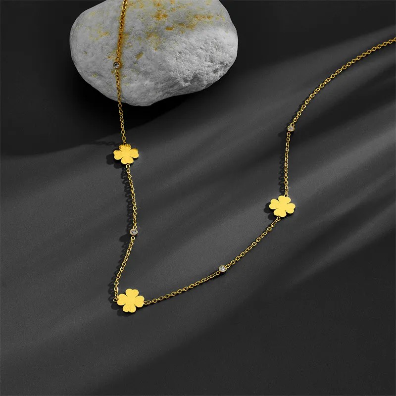IG Style Simple Style Four Leaf Clover Stainless Steel Plating Inlay Zircon 18K Gold Plated Necklace_colorza_2