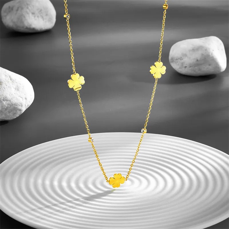 IG Style Simple Style Four Leaf Clover Stainless Steel Plating Inlay Zircon 18K Gold Plated Necklace_colorza_3