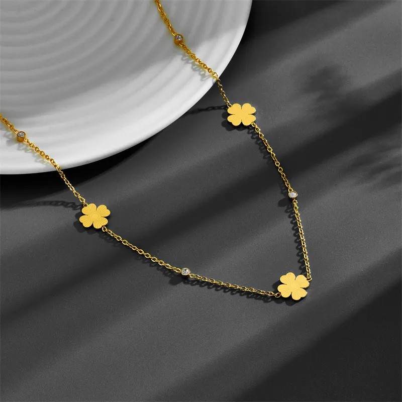 IG Style Simple Style Four Leaf Clover Stainless Steel Plating Inlay Zircon 18K Gold Plated Necklace_colorza_4