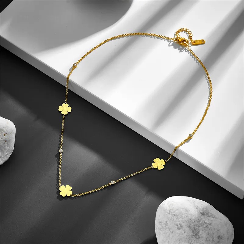 IG Style Simple Style Four Leaf Clover Stainless Steel Plating Inlay Zircon 18K Gold Plated Necklace_colorza_5