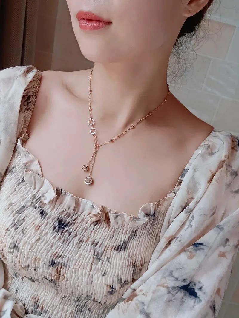 Vintage Style Round Tassel Stainless Steel Plating Inlay Zircon 18K Gold Plated Pendant Necklace_colorza_2