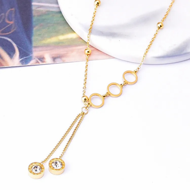 Vintage Style Round Tassel Stainless Steel Plating Inlay Zircon 18K Gold Plated Pendant Necklace_colorza_3