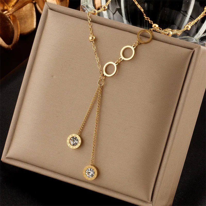 Vintage Style Round Tassel Stainless Steel Plating Inlay Zircon 18K Gold Plated Pendant Necklace_colorza_5