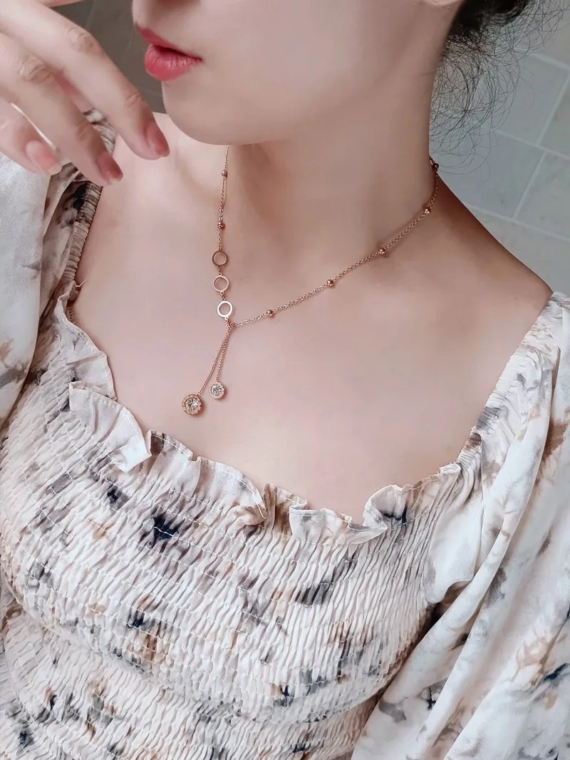 Vintage Style Round Tassel Stainless Steel Plating Inlay Zircon 18K Gold Plated Pendant Necklace_colorza_8