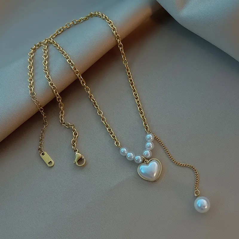 Elegant Simple Style Heart Shape Stainless Steel Beaded Plating Inlay Pearl 18K Gold Plated Pendant Necklace_colorza_4