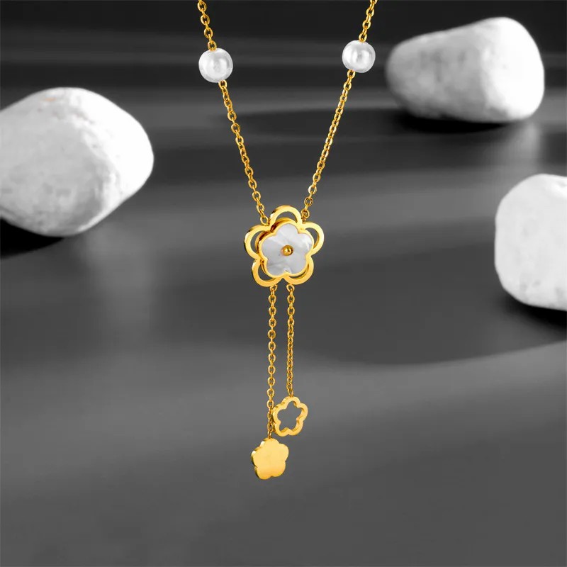 Elegant Tassel Flower Stainless Steel Plating 18K Gold Plated Pendant Necklace_colorza_3