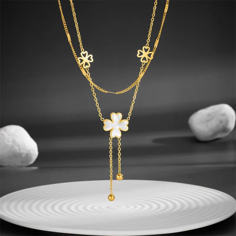 Retro Tassel Flower Stainless Steel Plating 18K Gold Plated Pendant Necklace_colorza_3