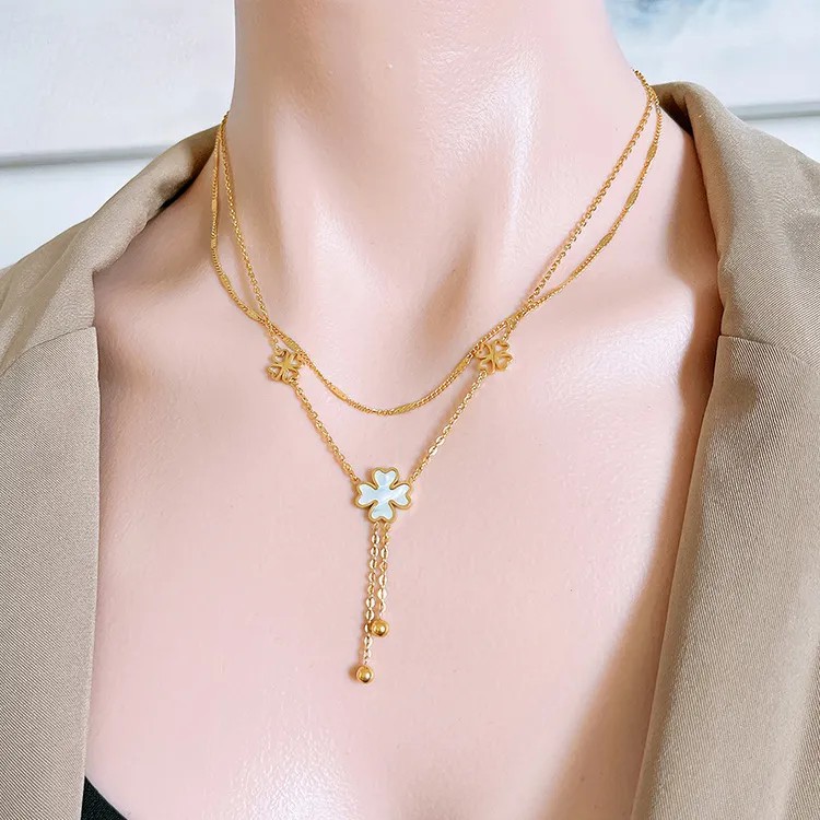 Retro Tassel Flower Stainless Steel Plating 18K Gold Plated Pendant Necklace_colorza_5