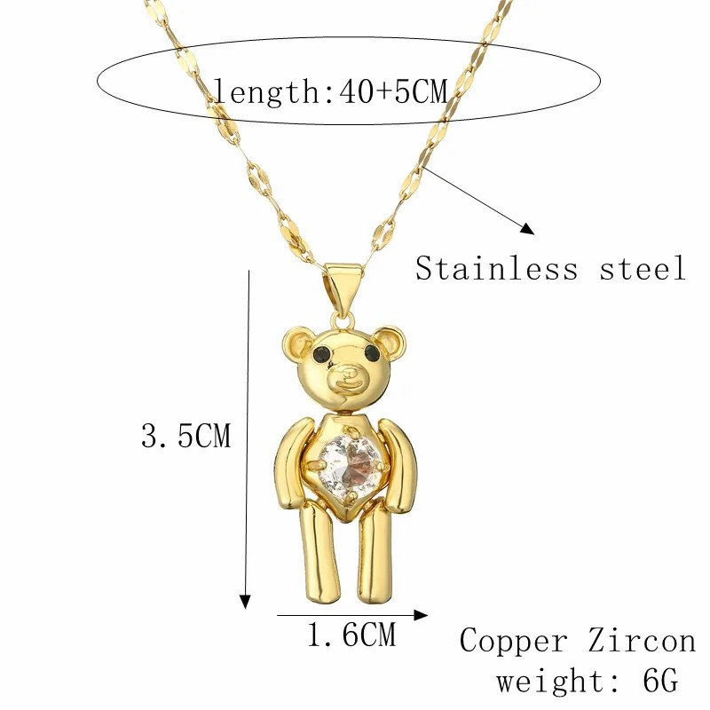 Cartoon Style Cute Little Bear Stainless Steel Copper Plating Inlay Zircon Gold Plated Pendant Necklace_colorza_1