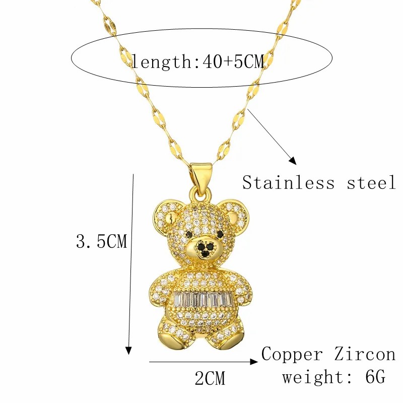 Cartoon Style Cute Little Bear Stainless Steel Copper Plating Inlay Zircon Gold Plated Pendant Necklace_colorza_2