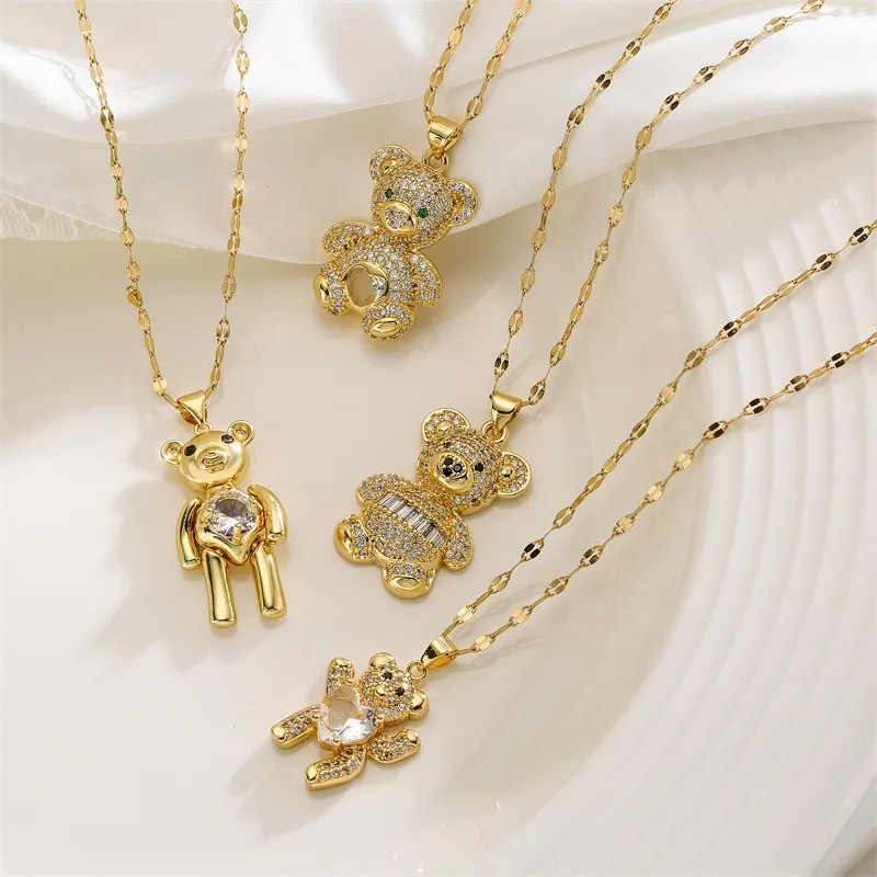 Cartoon Style Cute Little Bear Stainless Steel Copper Plating Inlay Zircon Gold Plated Pendant Necklace_colorza_3