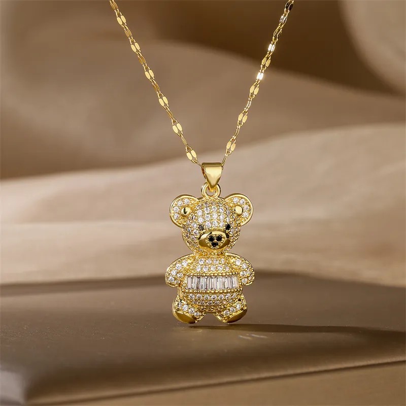 Cartoon Style Cute Little Bear Stainless Steel Copper Plating Inlay Zircon Gold Plated Pendant Necklace_colorza_4