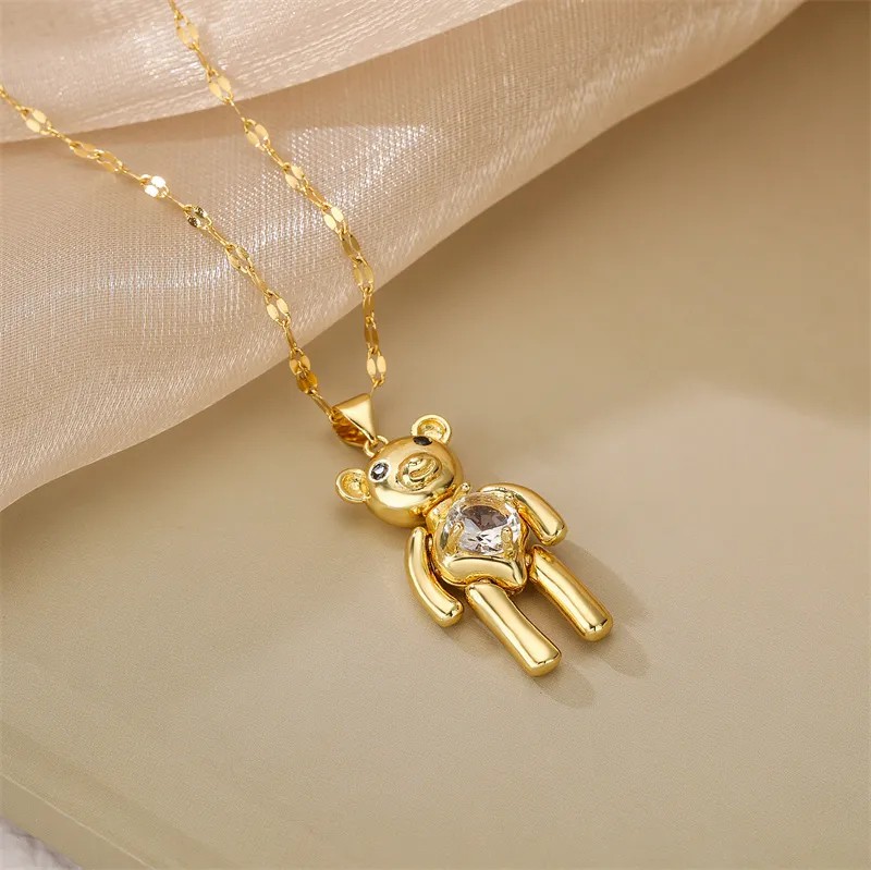 Cartoon Style Cute Little Bear Stainless Steel Copper Plating Inlay Zircon Gold Plated Pendant Necklace_colorza_5