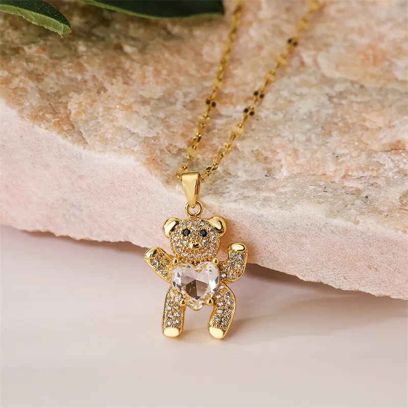 Cartoon Style Cute Little Bear Stainless Steel Copper Plating Inlay Zircon Gold Plated Pendant Necklace_colorza_6