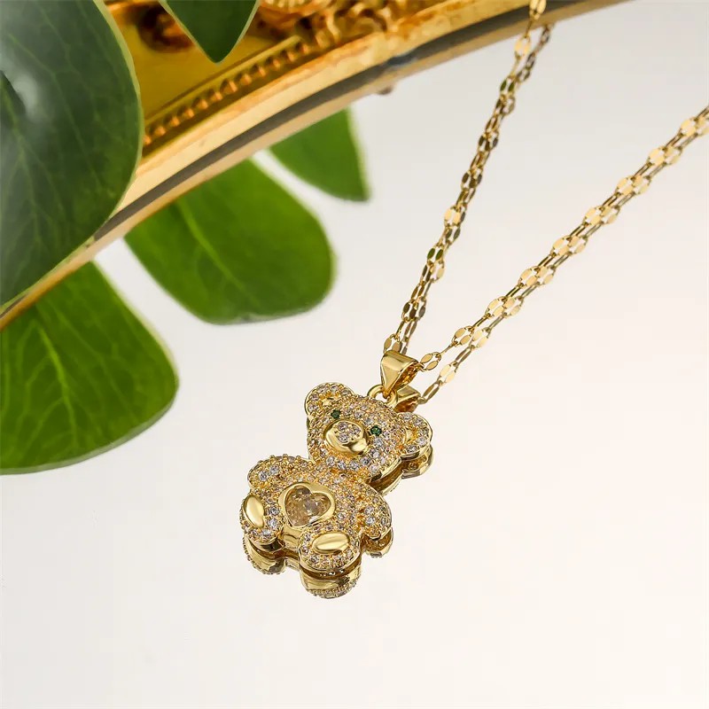 Cartoon Style Cute Little Bear Stainless Steel Copper Plating Inlay Zircon Gold Plated Pendant Necklace_colorza_7