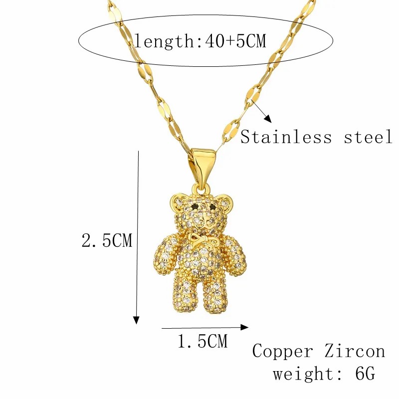 IG Style Cute Little Bear Stainless Steel Copper Plating Inlay Zircon Gold Plated Pendant Necklace_colorza_1