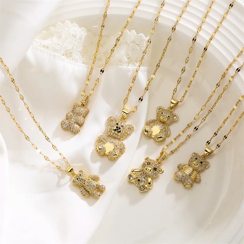 IG Style Cute Little Bear Stainless Steel Copper Plating Inlay Zircon Gold Plated Pendant Necklace_colorza_2