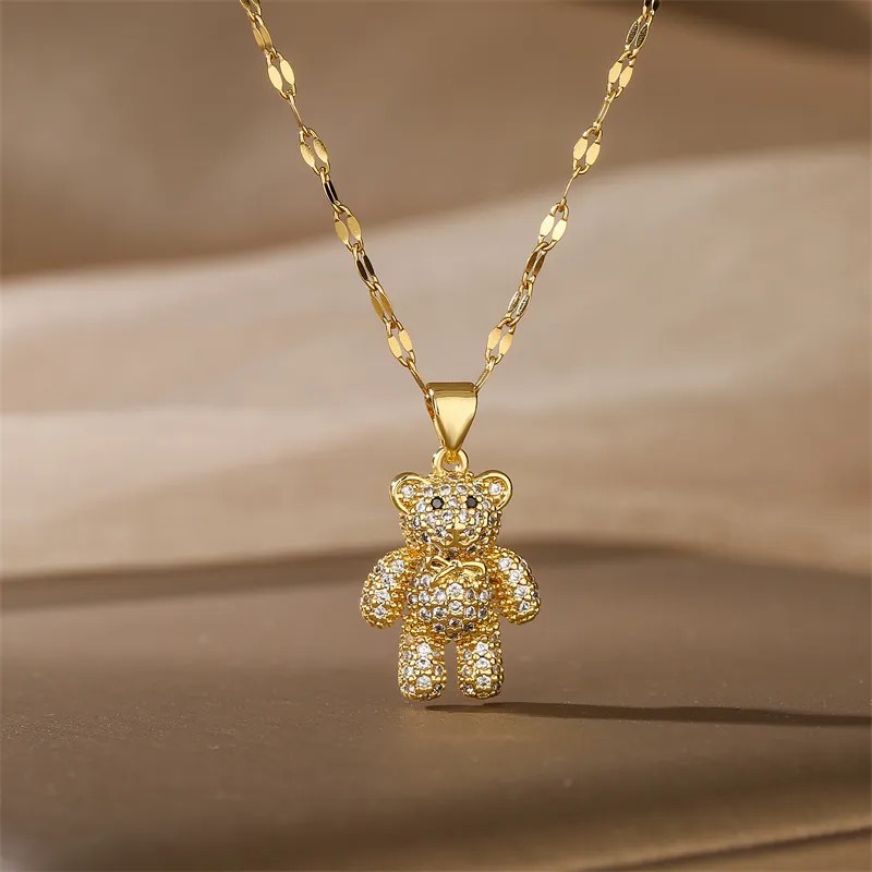 IG Style Cute Little Bear Stainless Steel Copper Plating Inlay Zircon Gold Plated Pendant Necklace_colorza_3