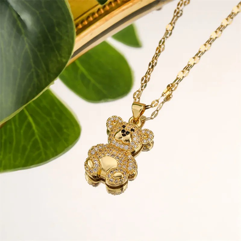 IG Style Cute Little Bear Stainless Steel Copper Plating Inlay Zircon Gold Plated Pendant Necklace_colorza_4
