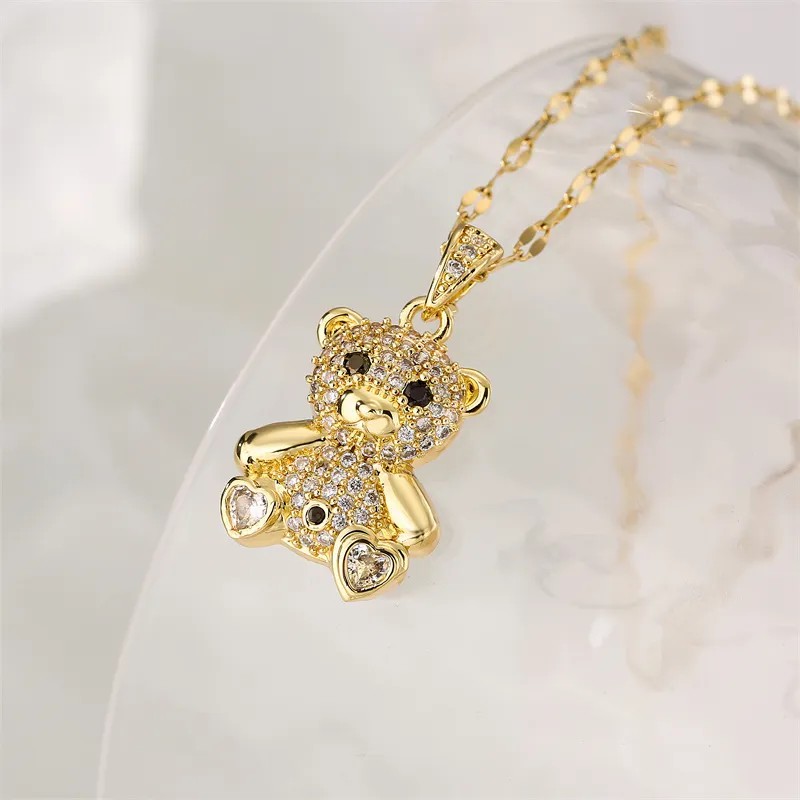 IG Style Cute Little Bear Stainless Steel Copper Plating Inlay Zircon Gold Plated Pendant Necklace_colorza_5