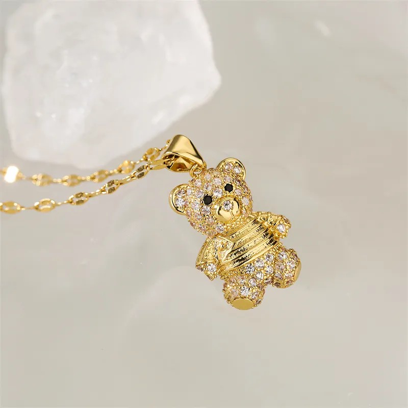 IG Style Cute Little Bear Stainless Steel Copper Plating Inlay Zircon Gold Plated Pendant Necklace_colorza_6