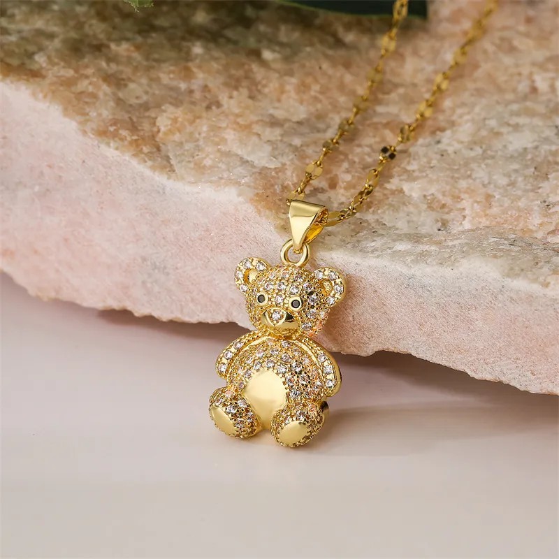 IG Style Cute Little Bear Stainless Steel Copper Plating Inlay Zircon Gold Plated Pendant Necklace_colorza_7