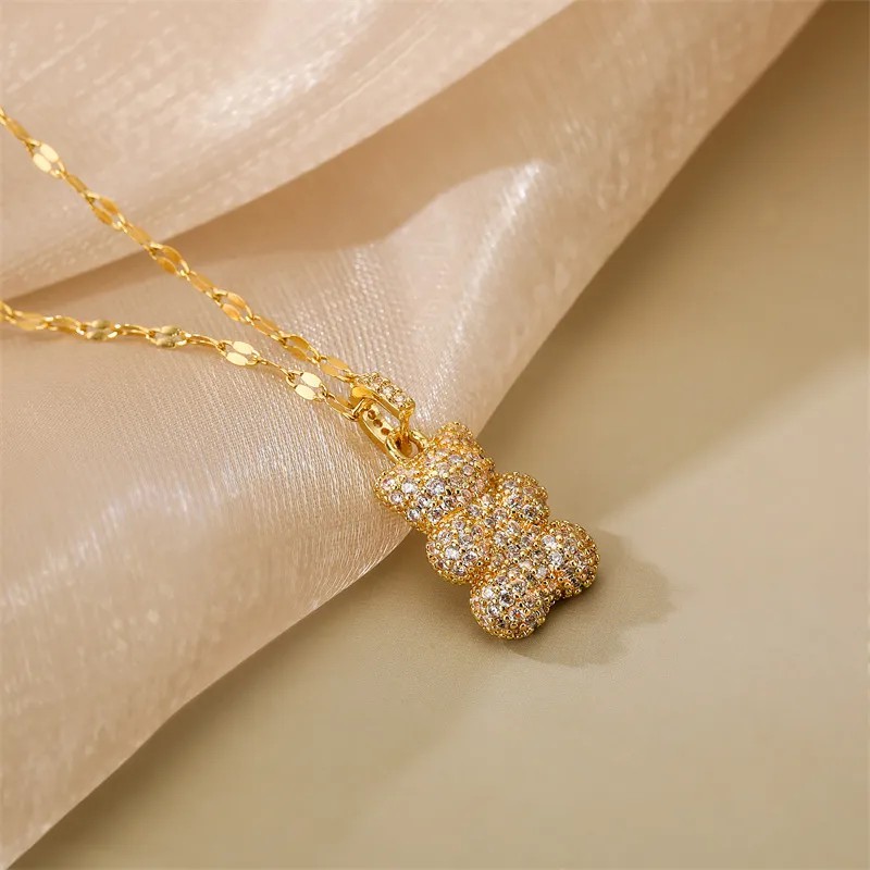 IG Style Cute Little Bear Stainless Steel Copper Plating Inlay Zircon Gold Plated Pendant Necklace_colorza_8