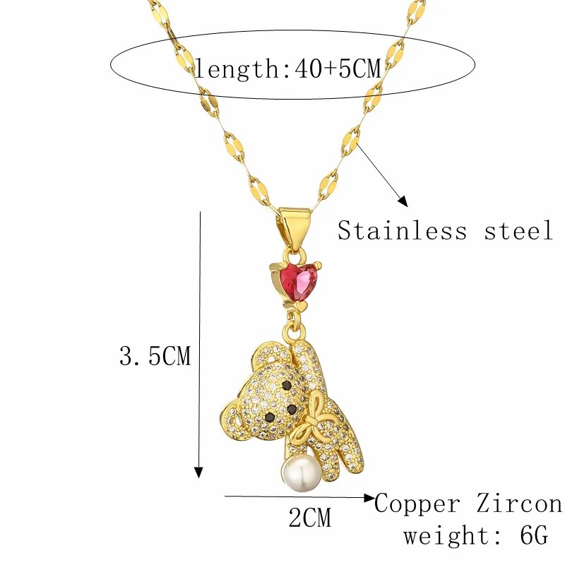 Cartoon Style Cute Little Bear Stainless Steel Copper Plating Inlay Pearl Zircon Gold Plated Pendant Necklace_colorza_2