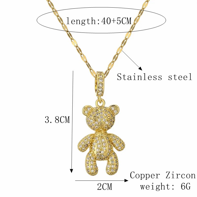 Cartoon Style Cute Little Bear Stainless Steel Copper Plating Inlay Pearl Zircon Gold Plated Pendant Necklace_colorza_3