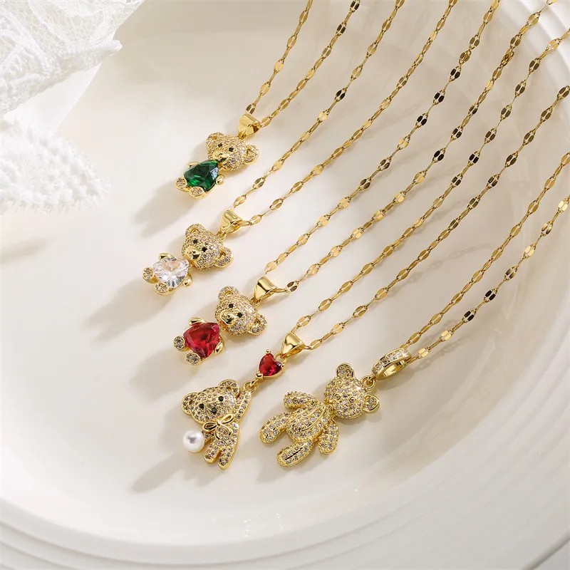Cartoon Style Cute Little Bear Stainless Steel Copper Plating Inlay Pearl Zircon Gold Plated Pendant Necklace_colorza_4