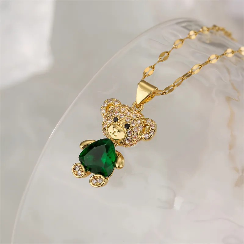 Cartoon Style Cute Little Bear Stainless Steel Copper Plating Inlay Pearl Zircon Gold Plated Pendant Necklace_colorza_5