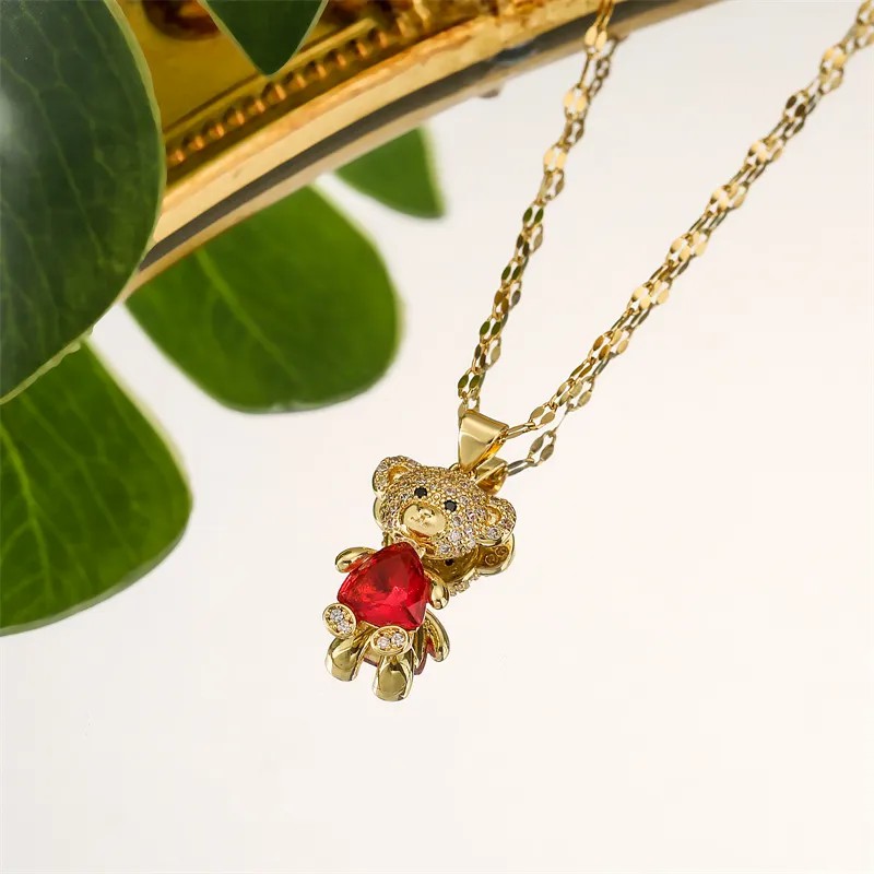 Cartoon Style Cute Little Bear Stainless Steel Copper Plating Inlay Pearl Zircon Gold Plated Pendant Necklace_colorza_6