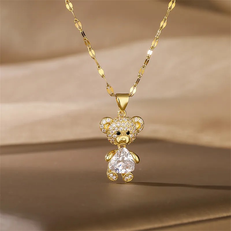 Cartoon Style Cute Little Bear Stainless Steel Copper Plating Inlay Pearl Zircon Gold Plated Pendant Necklace_colorza_7