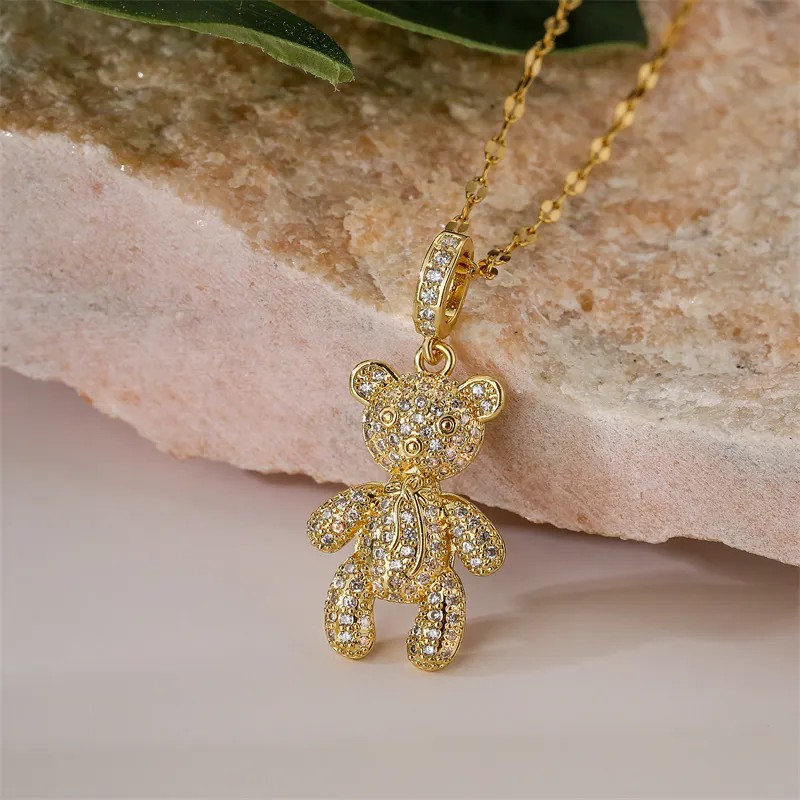 Cartoon Style Cute Little Bear Stainless Steel Copper Plating Inlay Pearl Zircon Gold Plated Pendant Necklace_colorza_8