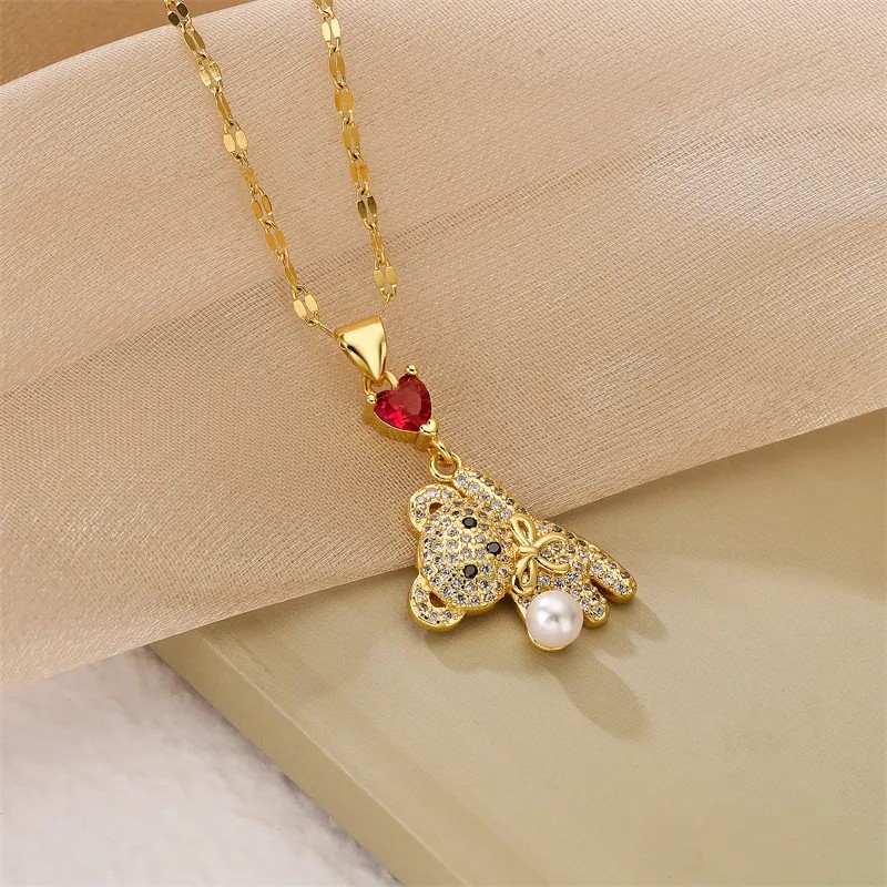 Cartoon Style Cute Little Bear Stainless Steel Copper Plating Inlay Pearl Zircon Gold Plated Pendant Necklace_colorza_9