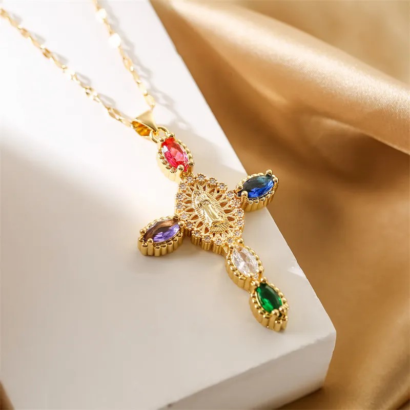 Simple Style Commute Human Cross Stainless Steel Copper Plating Inlay Zircon Gold Plated Pendant Necklace_colorza_3
