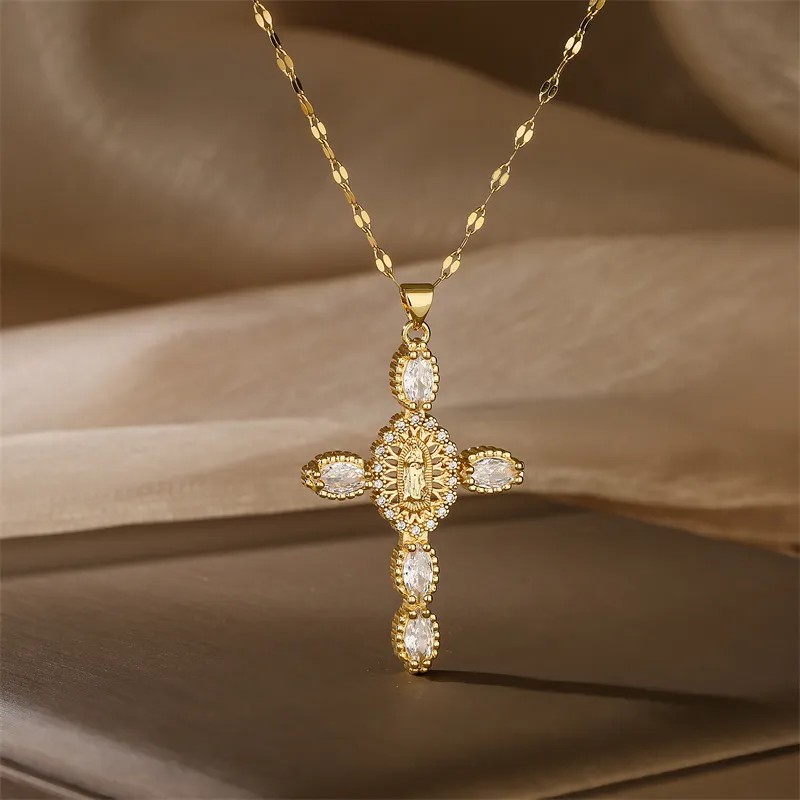 Simple Style Commute Human Cross Stainless Steel Copper Plating Inlay Zircon Gold Plated Pendant Necklace_colorza_5
