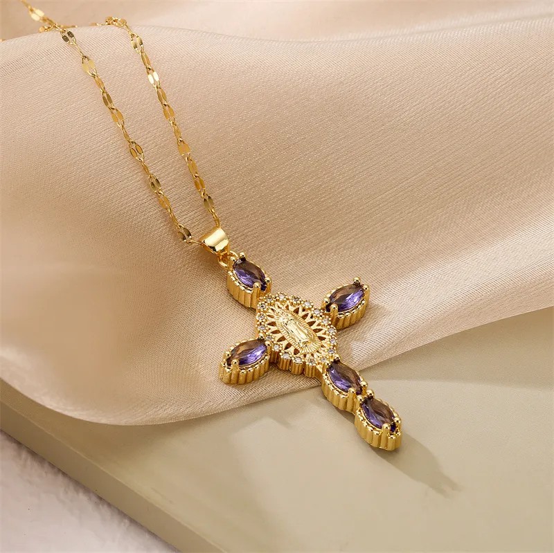 Simple Style Commute Human Cross Stainless Steel Copper Plating Inlay Zircon Gold Plated Pendant Necklace_colorza_6