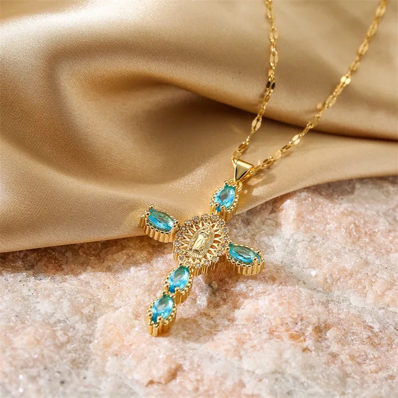 Simple Style Commute Human Cross Stainless Steel Copper Plating Inlay Zircon Gold Plated Pendant Necklace_colorza_8