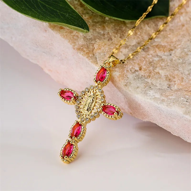 Simple Style Commute Human Cross Stainless Steel Copper Plating Inlay Zircon Gold Plated Pendant Necklace_colorza_10
