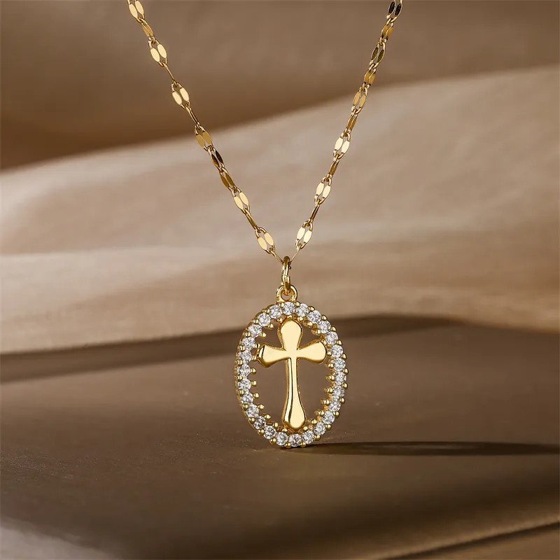 Casual Simple Style Cross Tree Stainless Steel Copper Plating Hollow Out Inlay Zircon Gold Plated Pendant Necklace_colorza_6