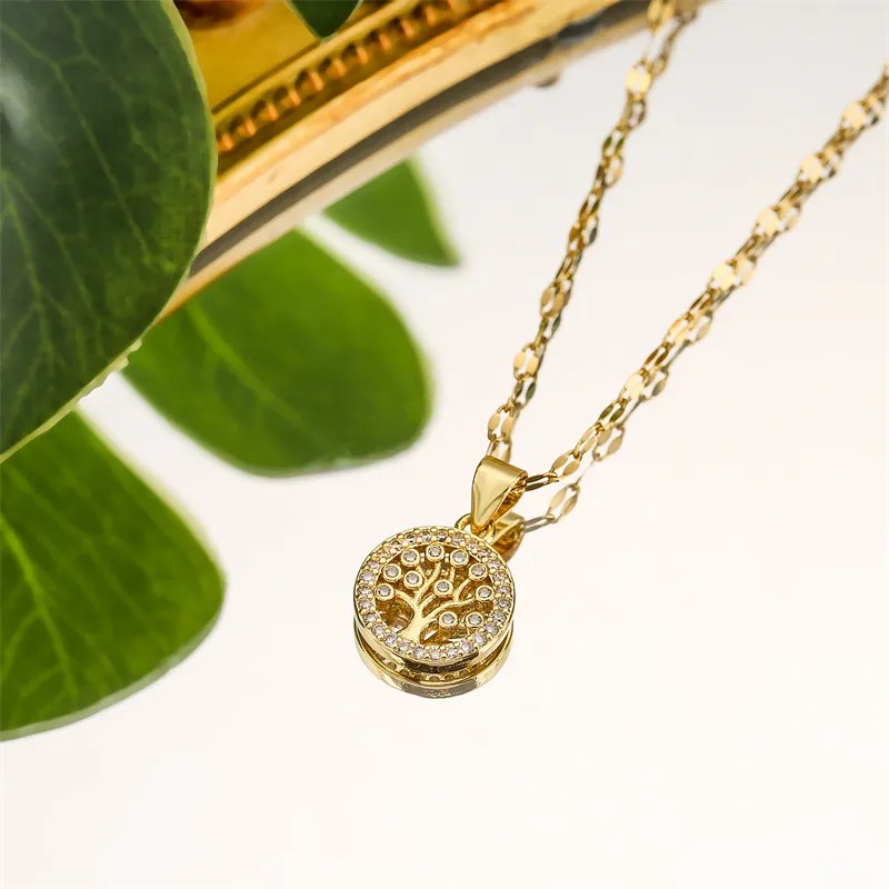 Casual Simple Style Cross Tree Stainless Steel Copper Plating Hollow Out Inlay Zircon Gold Plated Pendant Necklace_colorza_9