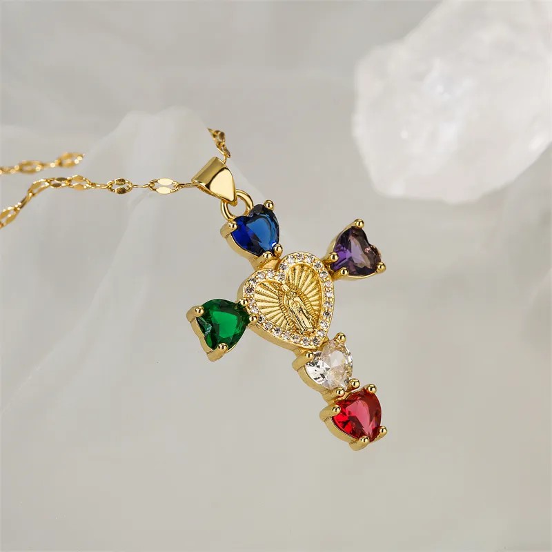 Simple Style Commute Human Cross Heart Shape Stainless Steel Copper Plating Inlay Zircon Gold Plated Pendant Necklace_colorza_2