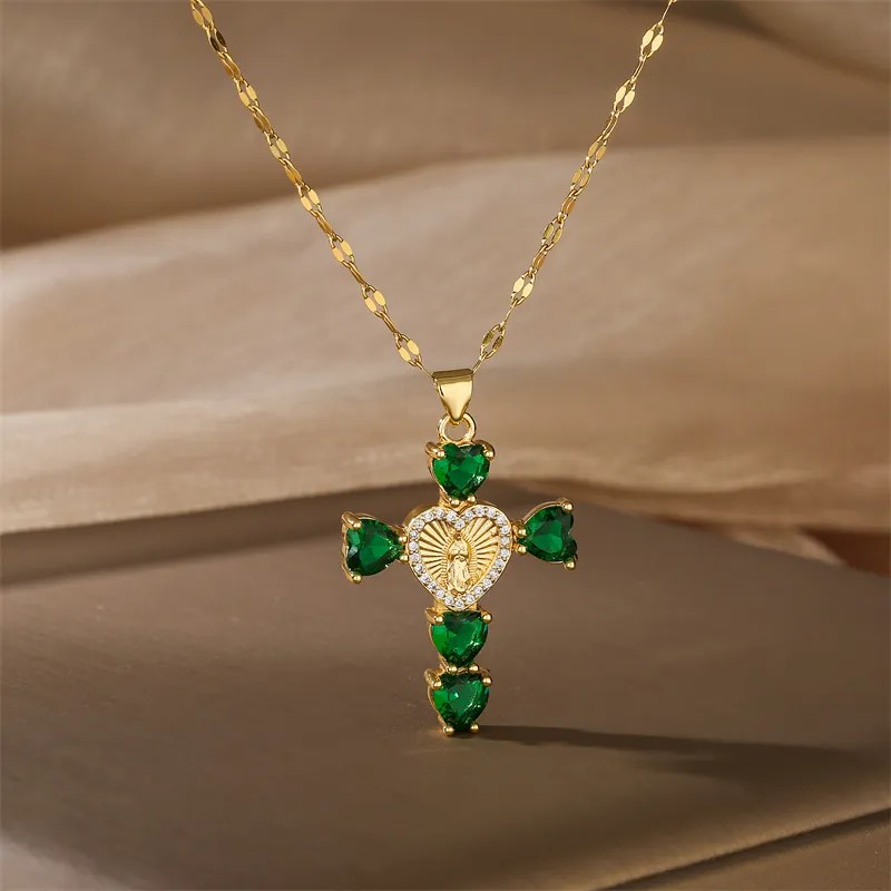 Simple Style Commute Human Cross Heart Shape Stainless Steel Copper Plating Inlay Zircon Gold Plated Pendant Necklace_colorza_3