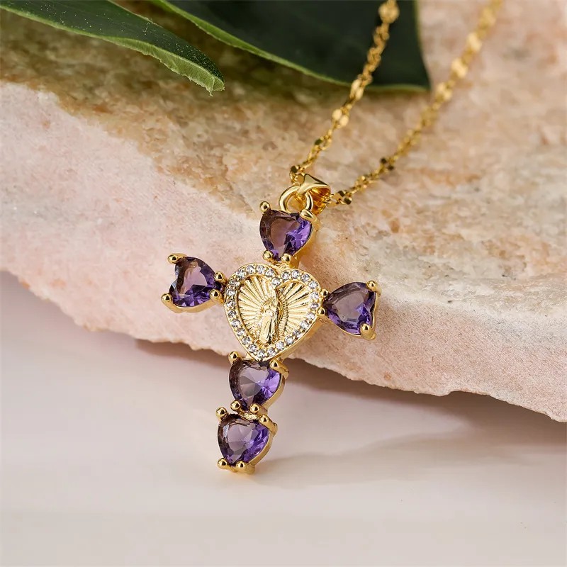 Simple Style Commute Human Cross Heart Shape Stainless Steel Copper Plating Inlay Zircon Gold Plated Pendant Necklace_colorza_4