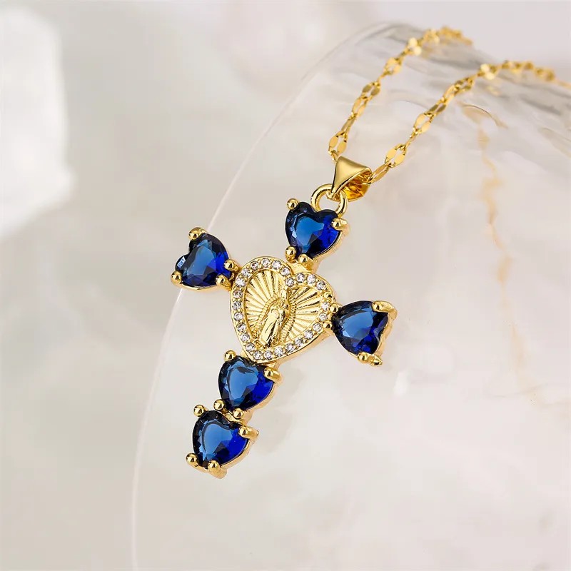Simple Style Commute Human Cross Heart Shape Stainless Steel Copper Plating Inlay Zircon Gold Plated Pendant Necklace_colorza_5